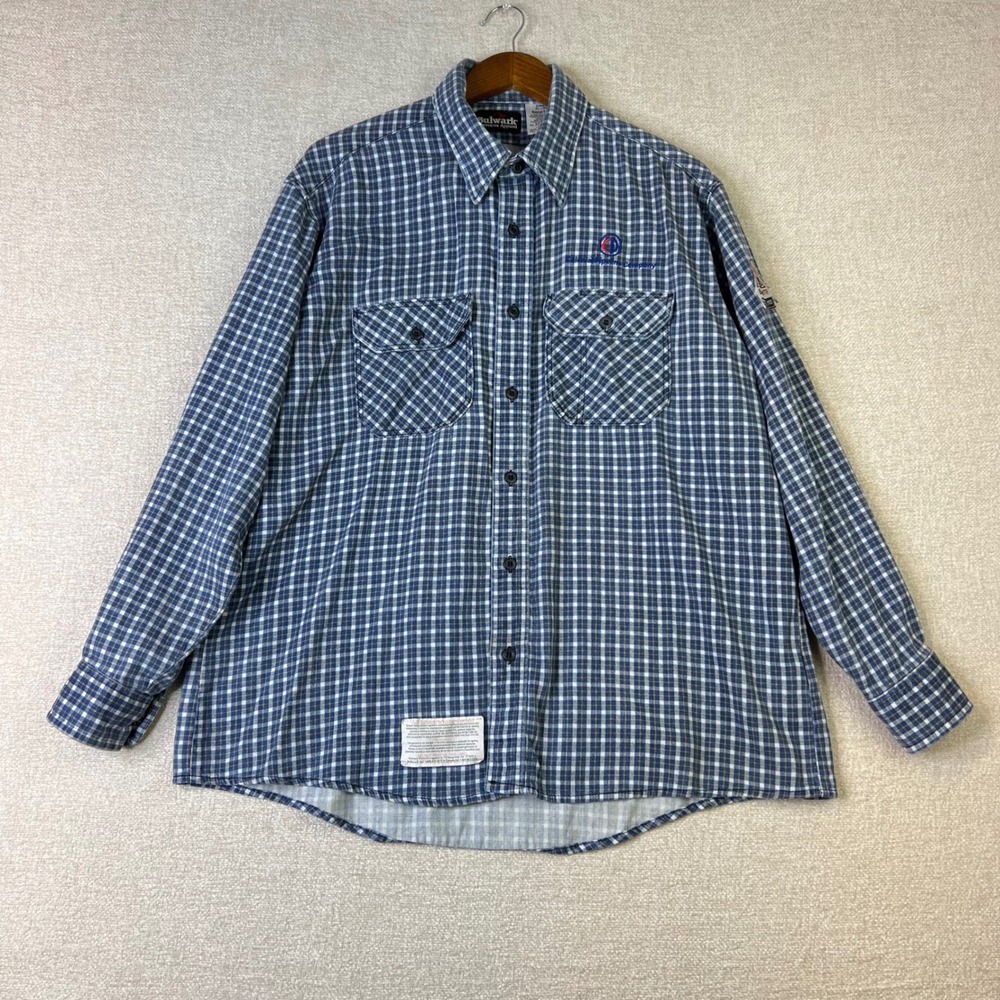 Bulwark FR Mens XL Blue Plaid Flame Resistant Work Shirt CAT2 SLD6NA